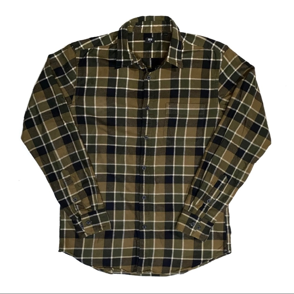 Uniqlo Olive Green Plaid Flannel
